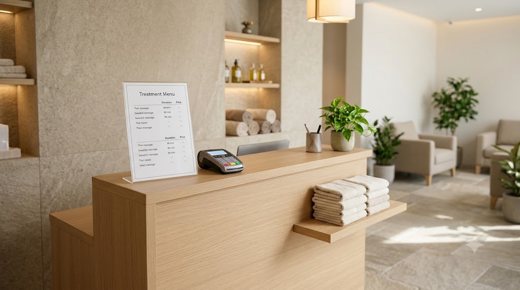 Professional spa reception with a printed treatment menu, clear prices and a reception desk