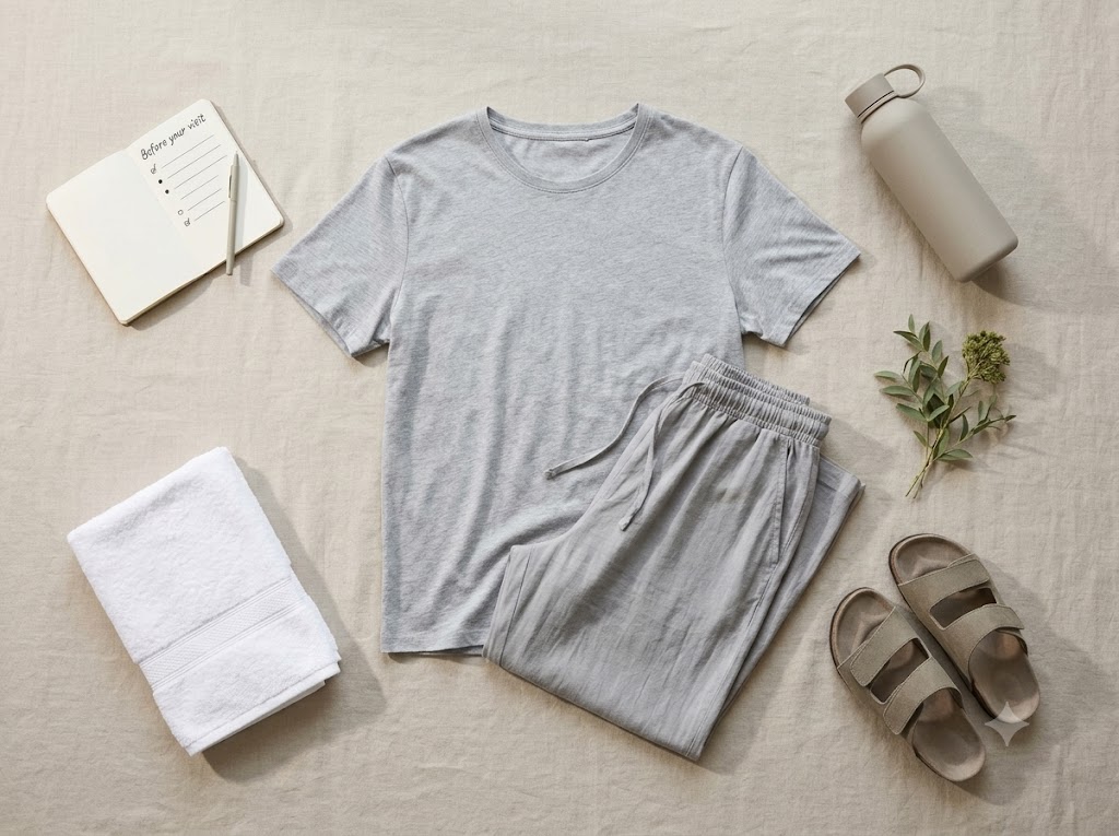 Flat lay of loose clothing, water bottle, towel and checklist for preparing for a first Thai massage