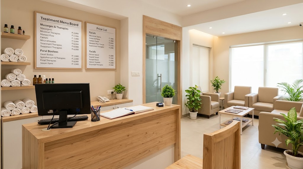Spa reception desk with visible treatment menu and price list in Noida