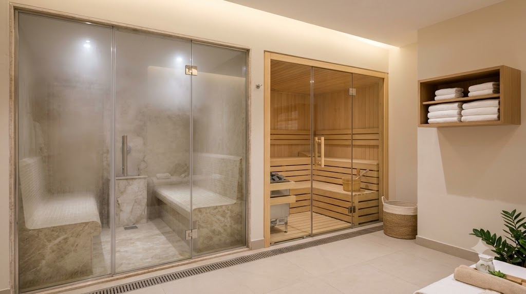 Clean steam room and sauna area at a wellness spa in Noida