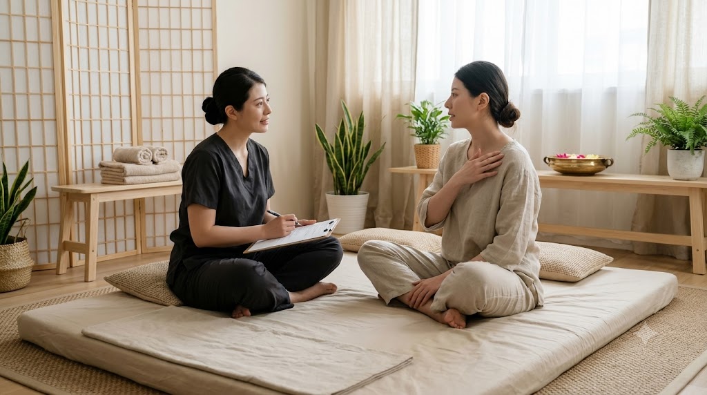 Spa therapist discussing pressure preference and health concerns with a client before a Thai massage session