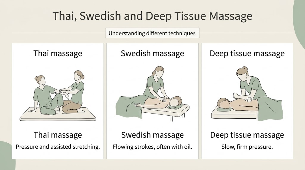 Infographic comparing Thai massage, Swedish massage and deep tissue massage by technique and pressure