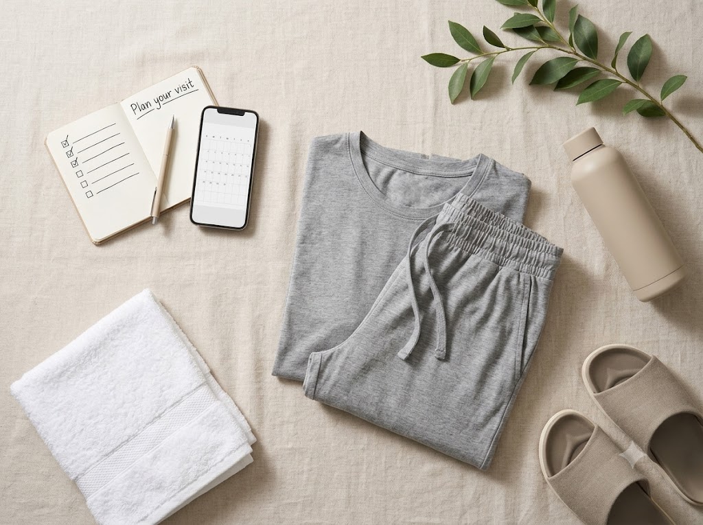 Flat lay showing loose clothes, water bottle, towel and checklist for planning a spa visit near DLF Mall of India