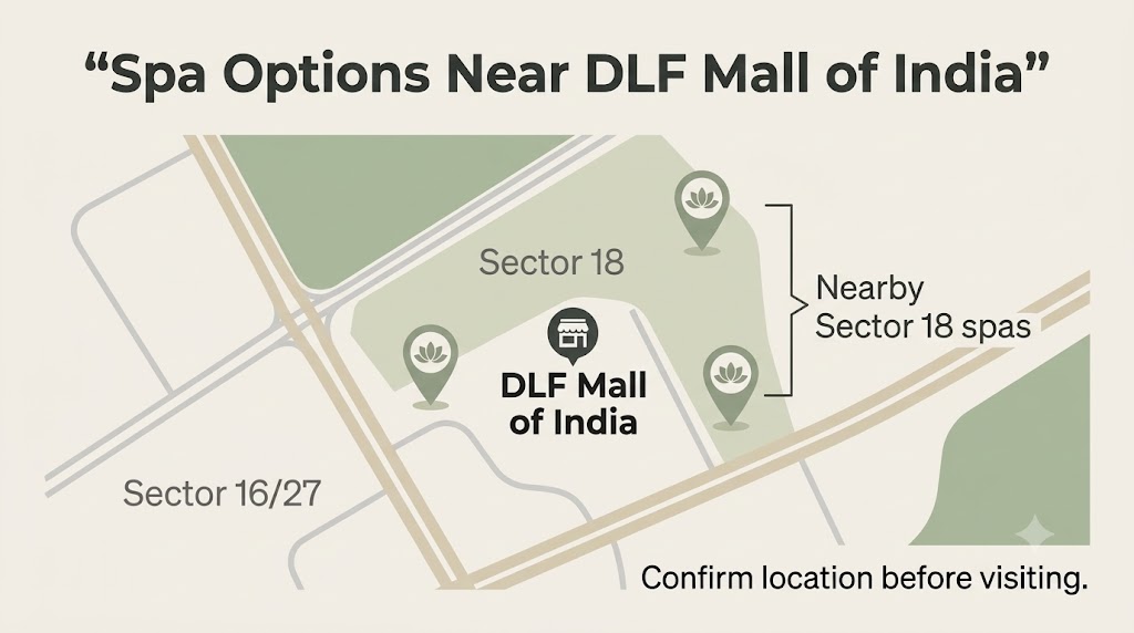 Illustrated map showing DLF Mall of India and nearby Sector 18 spa locations in Noida