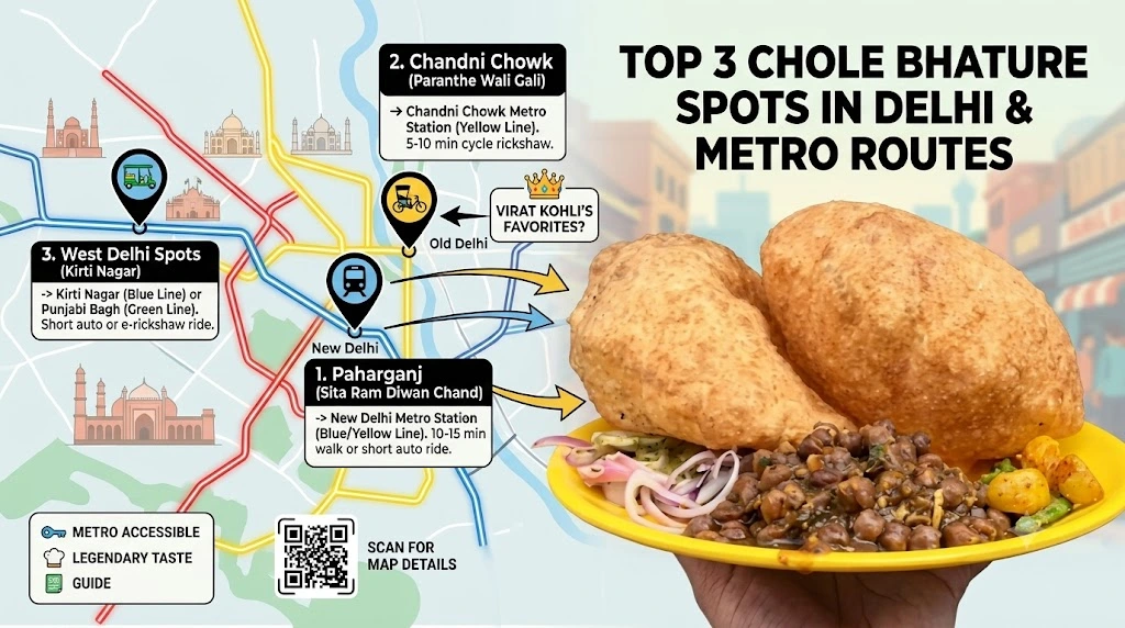 Top 3 Chole Bhature Spots in Delhi & How to Reach Them via Metro (2026)