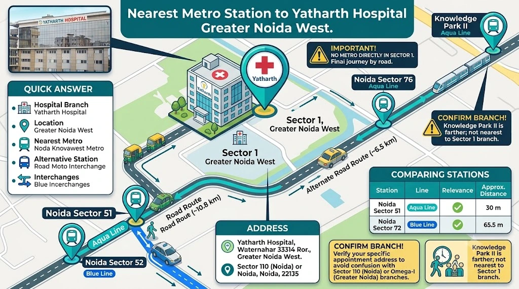 Nearest Metro Station to Yatharth Hospital Greater Noida West