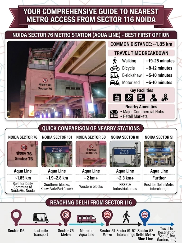 A comprehensive infographic guide for finding the nearest metro station to Sector 116 Noida. The image includes a travel time breakdown for Sector 76 Metro Station (1.85 km), a visual comparison of five nearby Aqua Line stations, and a flowchart showing the last-mile route from Sector 116 to the Delhi Metro Blue Line interchange