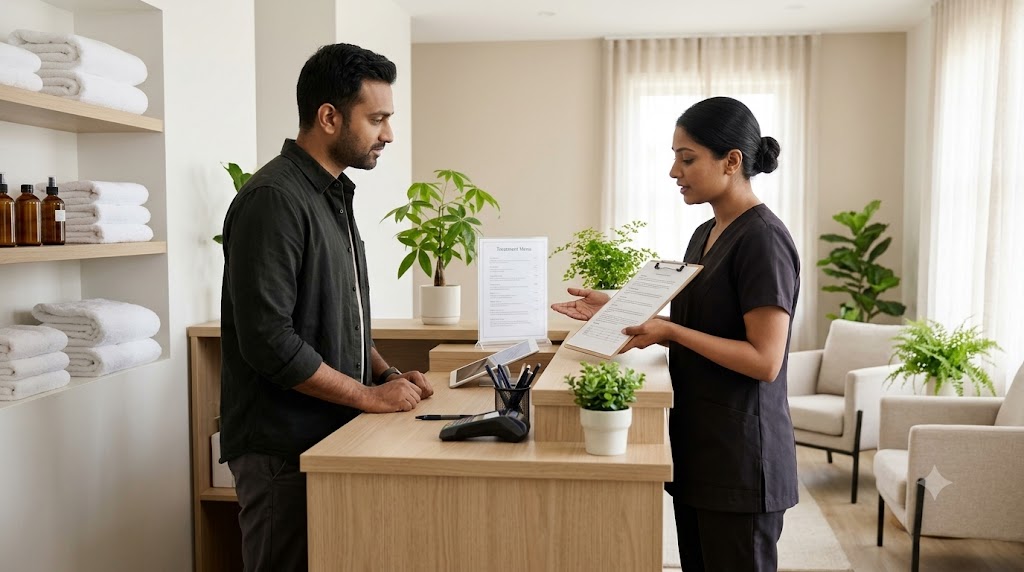 Spa receptionist explaining therapist availability and treatment options to a male client before booking a massage in Noida
