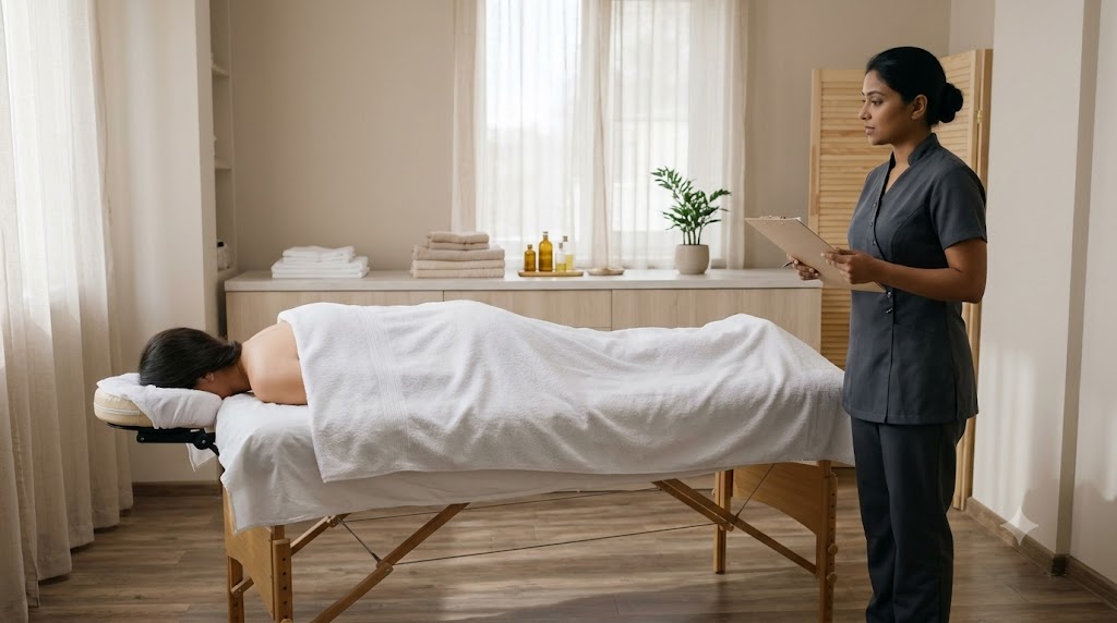 Massage therapist consulting with a properly covered client before a professional full-body massage session