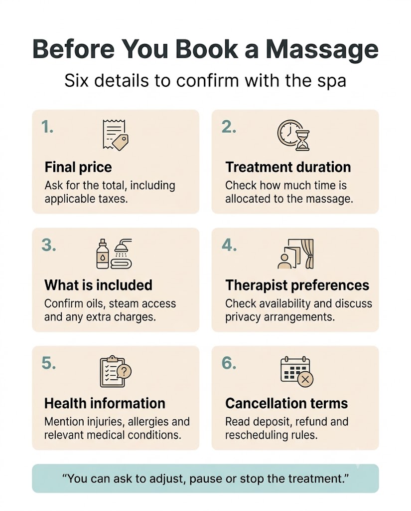 Spa booking checklist covering price, duration, inclusions, therapist preferences, health information and cancellation terms